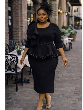 Classic Black Pencil Skirt Set/ Peplum Top- Sleek Formal Wear